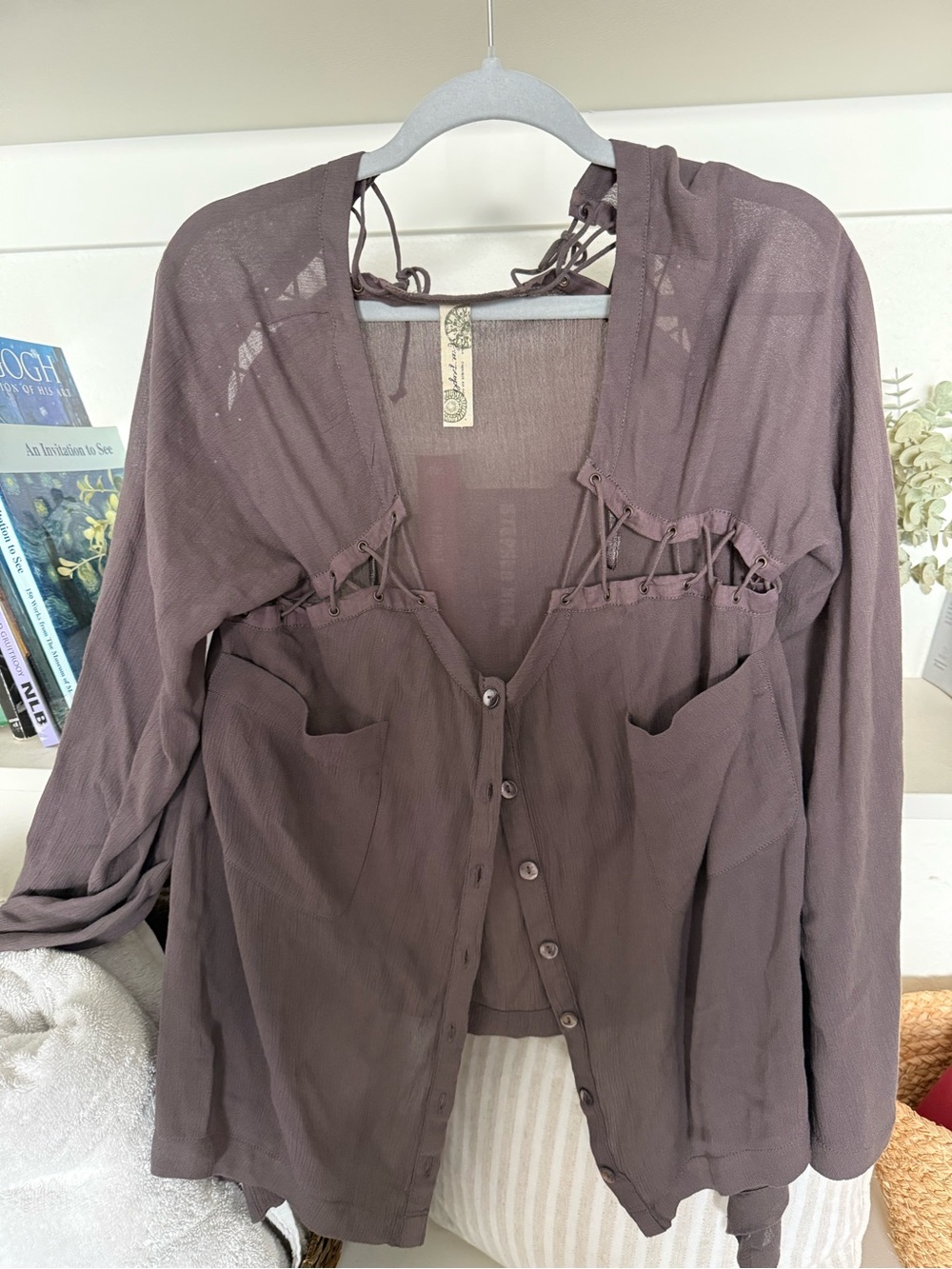 Free People Sheer Lace-Up Cocoa Button Front Blouse - Picture 5 of 5